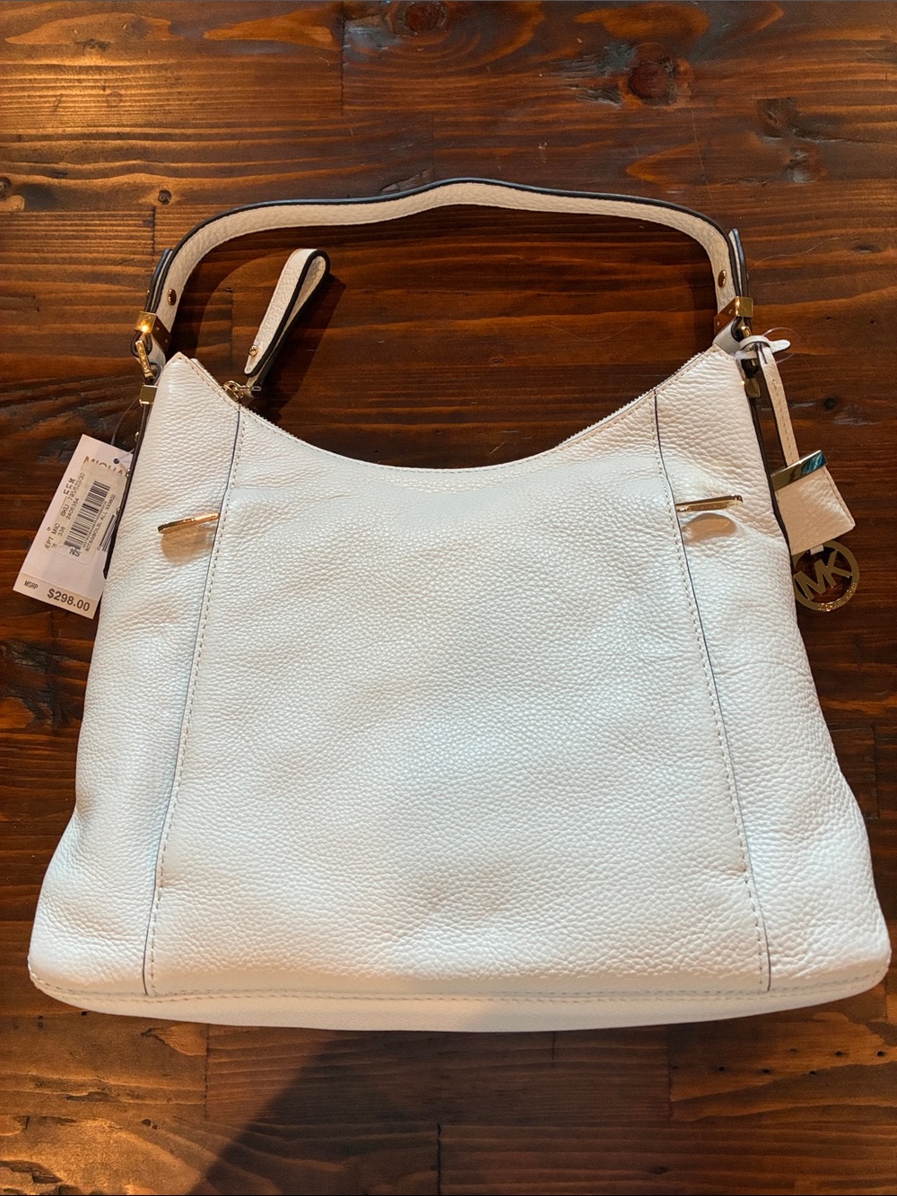Michael Kors White Pebbled Leather Hobo Shoulder Bag with Gold Hardware